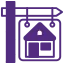 Purple house icon with "FOR RENT" signpost on white background